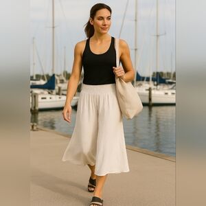 Gaucho Skirt L/XL Boho White 60" Very Wide Legs Elastic Waist Beach Coverup